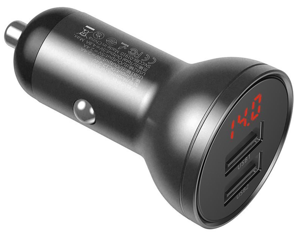АЗУ USB выход Baseus Digital Display Dual USB 4.8A Car Charger 24W grey